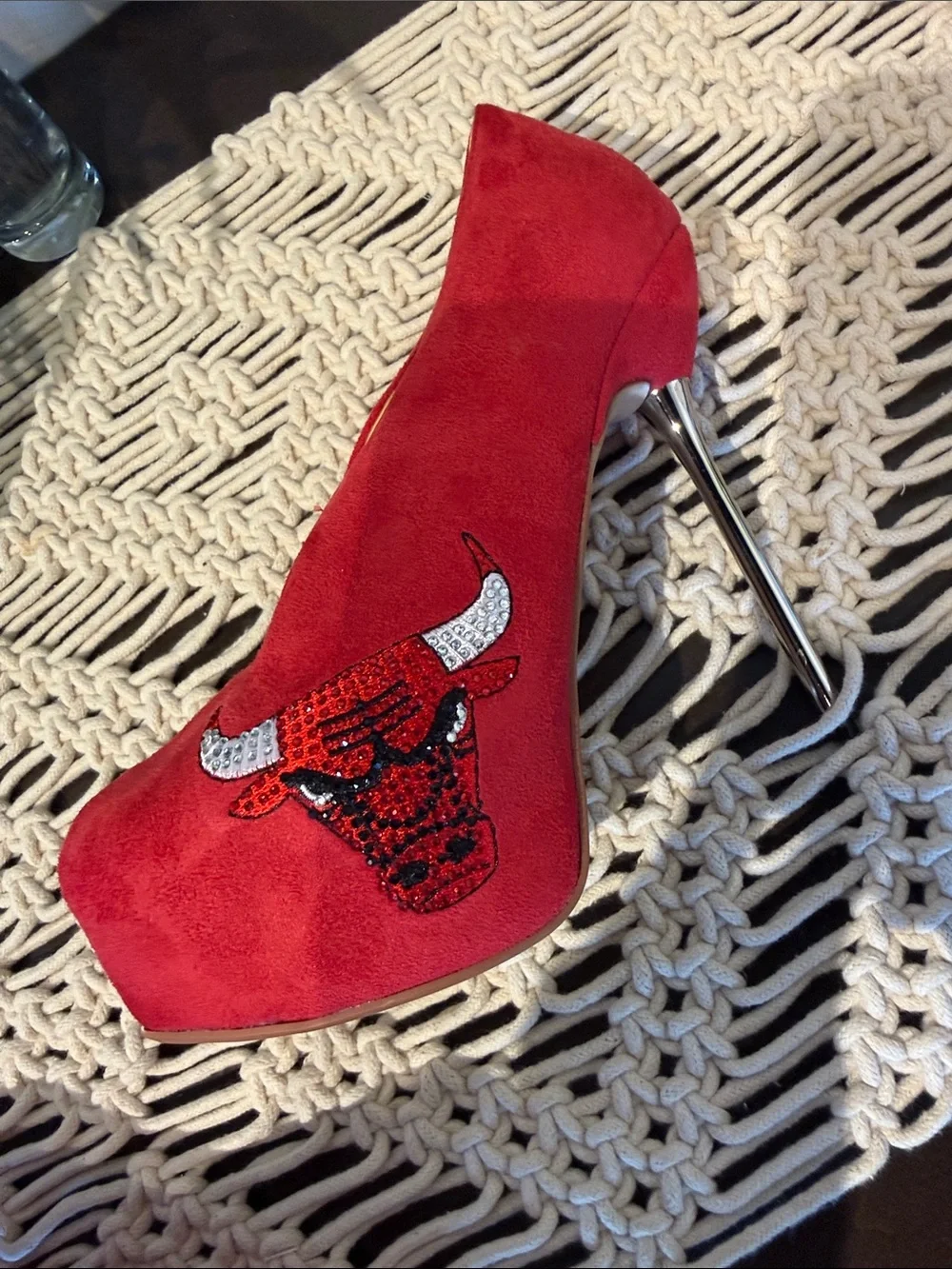 Red Suede Platform Stiletto Pump with Embellished Bull Detail